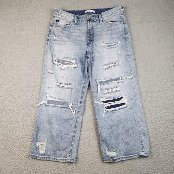 KanCan Ripped High Rise Wide Leg Cropped Jeans Womens Size 30 Baggy Denim Cotton - Picture 1 of 15